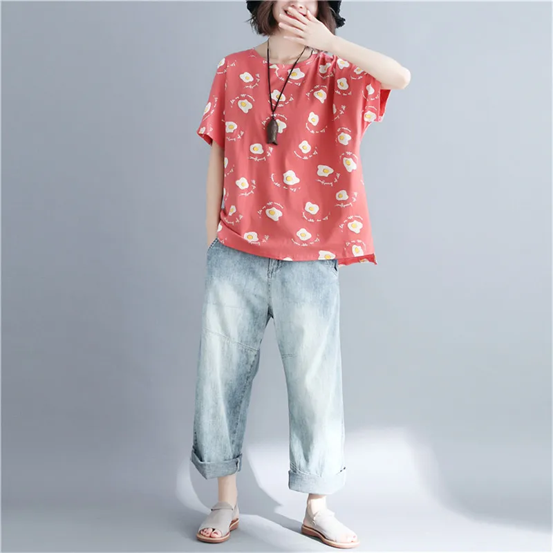 Корейский стиль большой размер летний женский топ с принтом круглый вырез хлопок