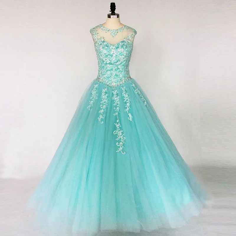 Синий бирюзовый ярко розовые платья Quinceanera бальное платье кружевной вышитый бисером тюль Vestidos De 15 длинное выпускное платье для девочек - Цвет: Mint