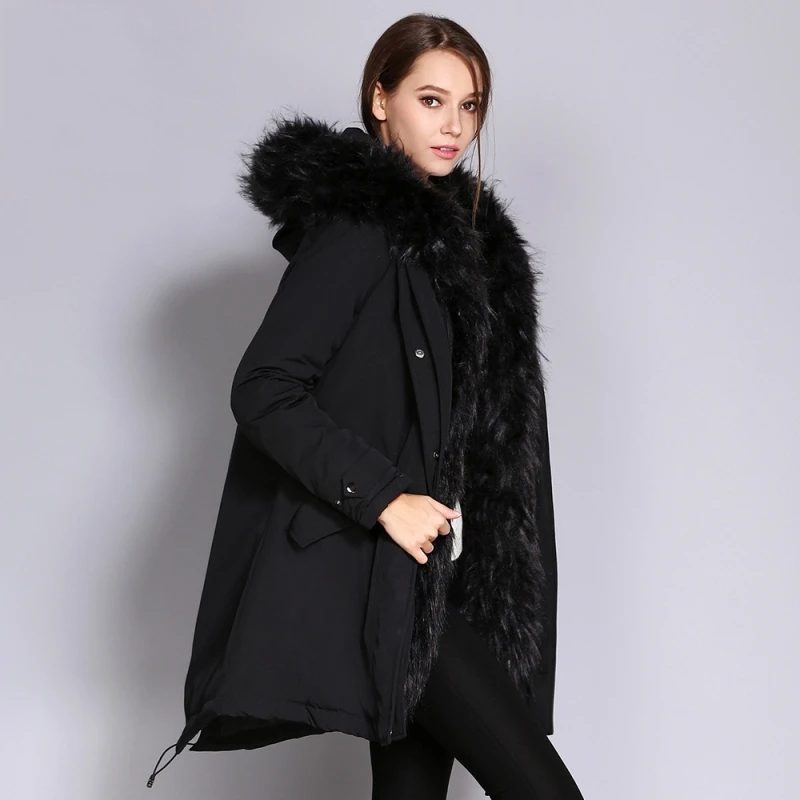 Женская парка с капюшоном amberhear толстая длинная куртка из меха енота S 3XL зима