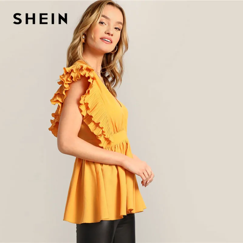 SHEIN Блузка С Глубоким V-Образным Вырезом И Оборкой Женская Летняя Желтая Сексуальная Блузка Без Рукавов