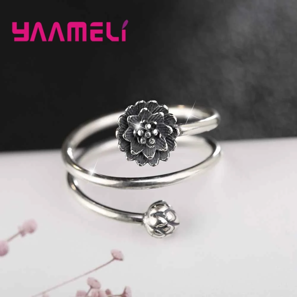 

Женское кольцо в форме лотоса, Открытое кольцо из стерлингового серебра 925 пробы с цветами, бесплатная доставка