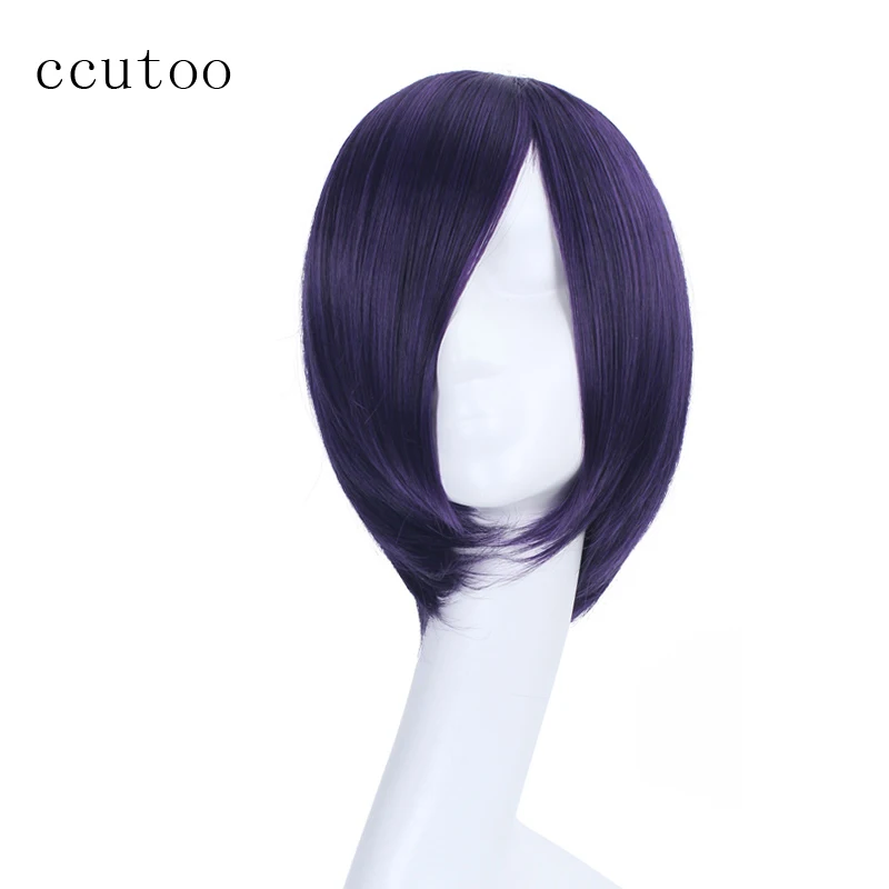 

Парики для косплея, термостойкие, фиолетовые, черные, короткие, прямые, с полной челкой, 14 дюймов