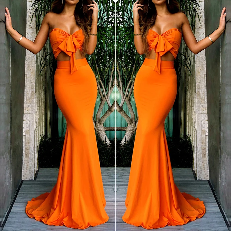 Women Suits bow knot Sleeveless Bodycon Summer two piece set Beach Holiday Lady Orange | Женская одежда