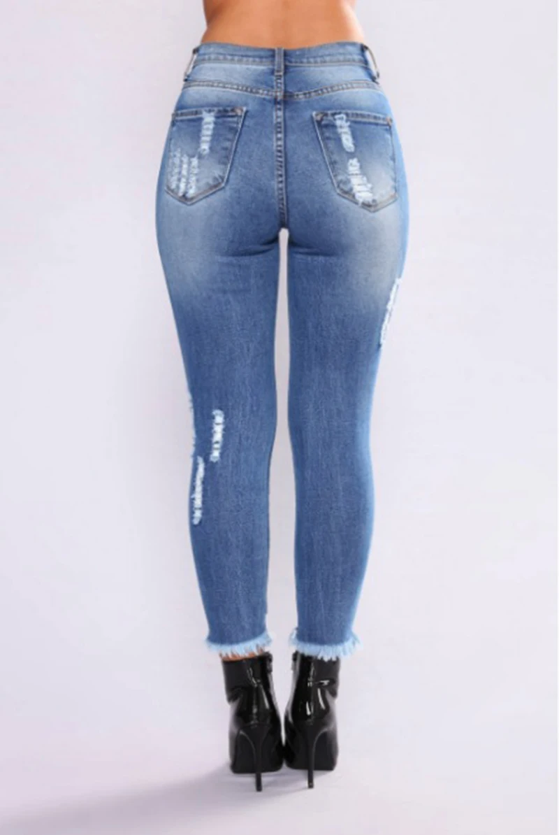Новинка 2018 рваные модные джинсы для женщин классические Узкие синие с высокой