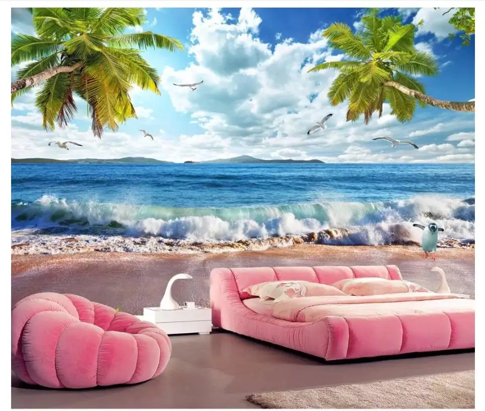 

Пользовательские фото обои для стен 3 d средиземноморская роспись пляж спрей море пейзаж дерево ТВ фон обои домашний декор