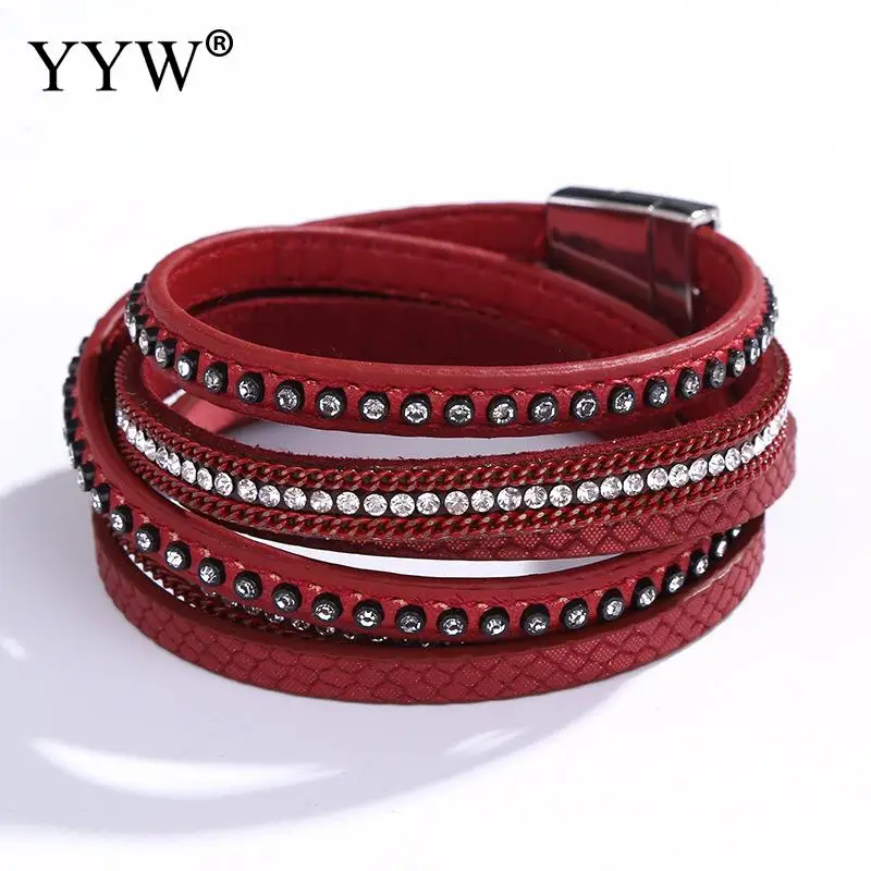 dark red Модный многоцветный магнит панк женский браслет из ПУ искусственной кожи хрустальные бусины Многослойные ретро женские современные ювелирные изделия Bileklik - Окраска металла: dark red