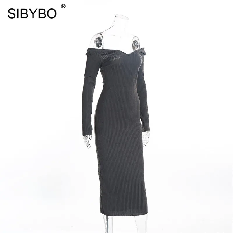 Женское длинное платье из хлопка Sibybo, вечернее платье с V-образным вырезом и открытыми плечами, с длинными рукавами, удобное прямое обтягивающее платье, для ношения осенью и зимой