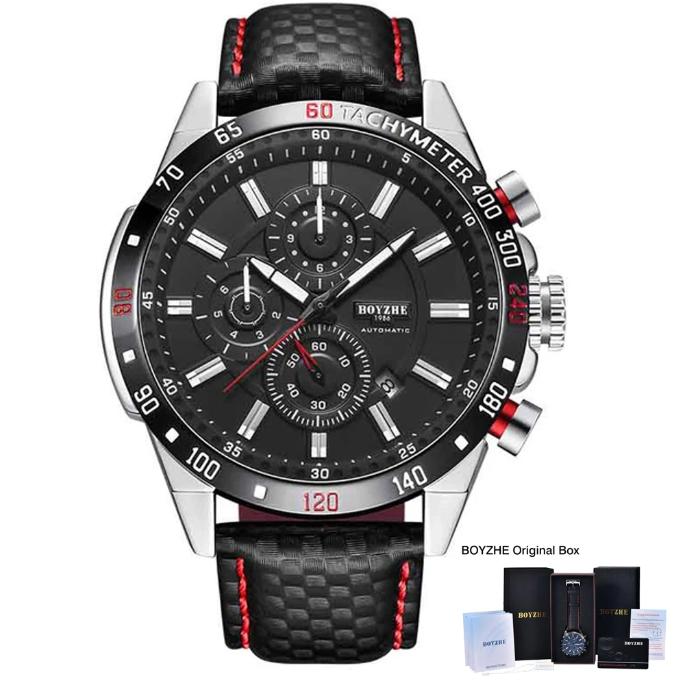 leather silver black BOYZHE, Мужские автоматические механические часы, Топ бренд, Роскошные, модные, спортивные, с автоматическим подзаводом, наручные часы, мужские часы - Цвет: leather silver black