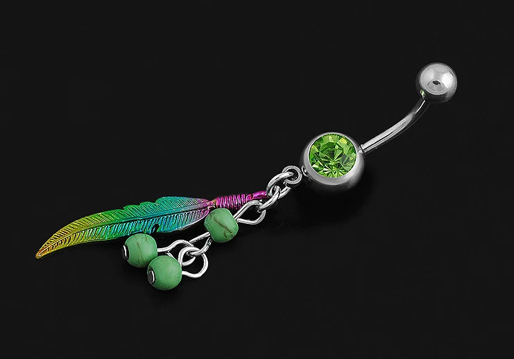 Кольцо для пупка с синим камнем и зелеными листьями пикантное Ювелирное