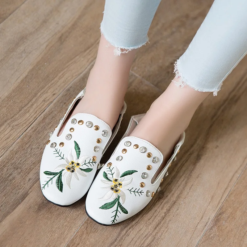 Vintage Embroidered Women Flats Flower Slip On Pu Leather Comfortable Old Peking Ballerina Flat Shoes Sapato Feminino | Обувь