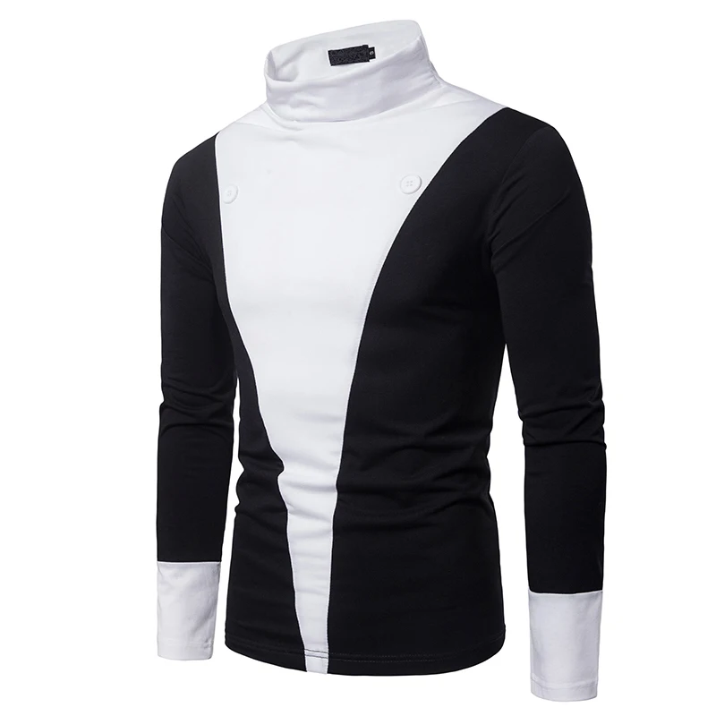 

Sweatshirt Men Black White Stitching Fashion Slim Long Sleeve Standing Collar Button Decoration Print Outwear Pullover