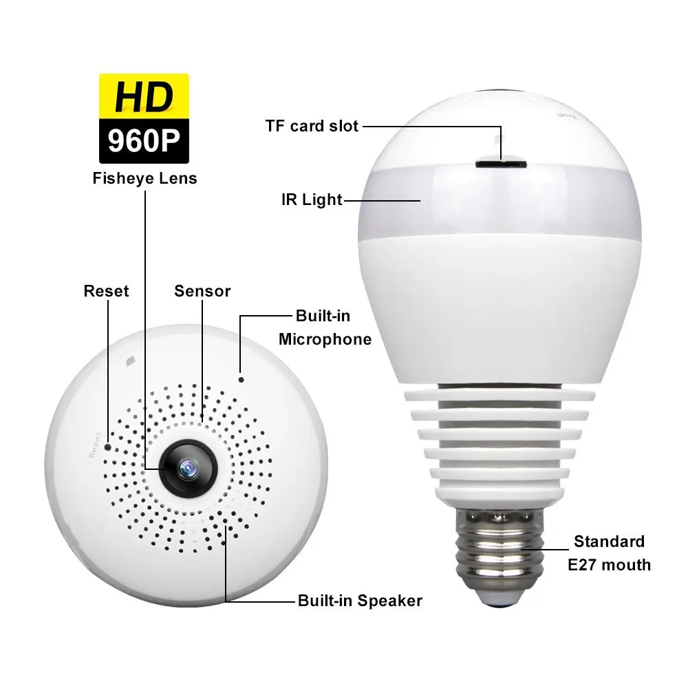 Wi-Fi 960P 1080 Беспроводной IP Камера лампы светильник "рыбий глаз" умный дом CCTV 3D Очки виртуальной реальности VR Камера 1.3MP домашней безопасности Wi-Fi Камера панорамный