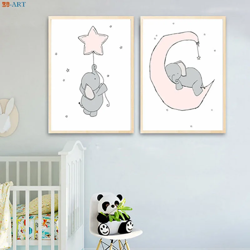 Слон луна и звезды плакат для детской художественной печати минималистское