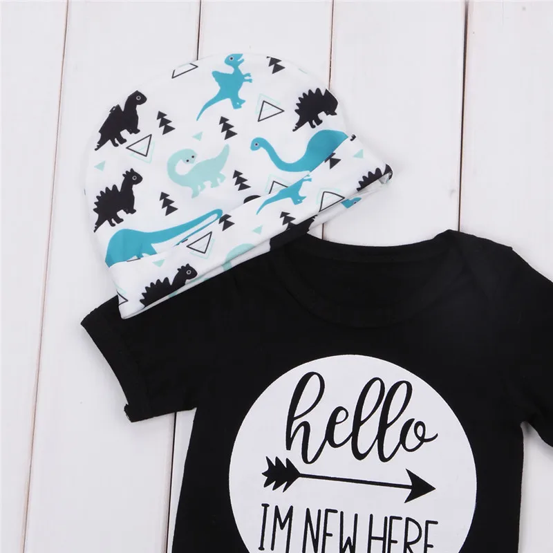 pudcoco Newborn 3PCS Baby kids boy girl clothes set round hello letter Bodysuit + pant dinosaur print outfits clothing sets | Детская