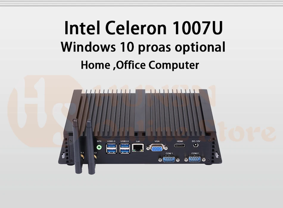 Безвентиляторный промышленный ПК, мини компьютер, Windows 10, Intel Celeron 1007U, [HUNSN MA04I],(двойной WiFi/VGA/HD/3USB2. 0/4USB3. 0/LAN/2COM
