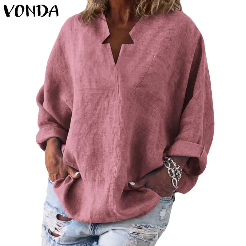 VONDA, 6 цветов, Женская винтажная блуза, Повседневная рубашка,, осень, длинный рукав, v-образный вырез, топы, OL Blusas, Пляжная Женская Туника размера плюс