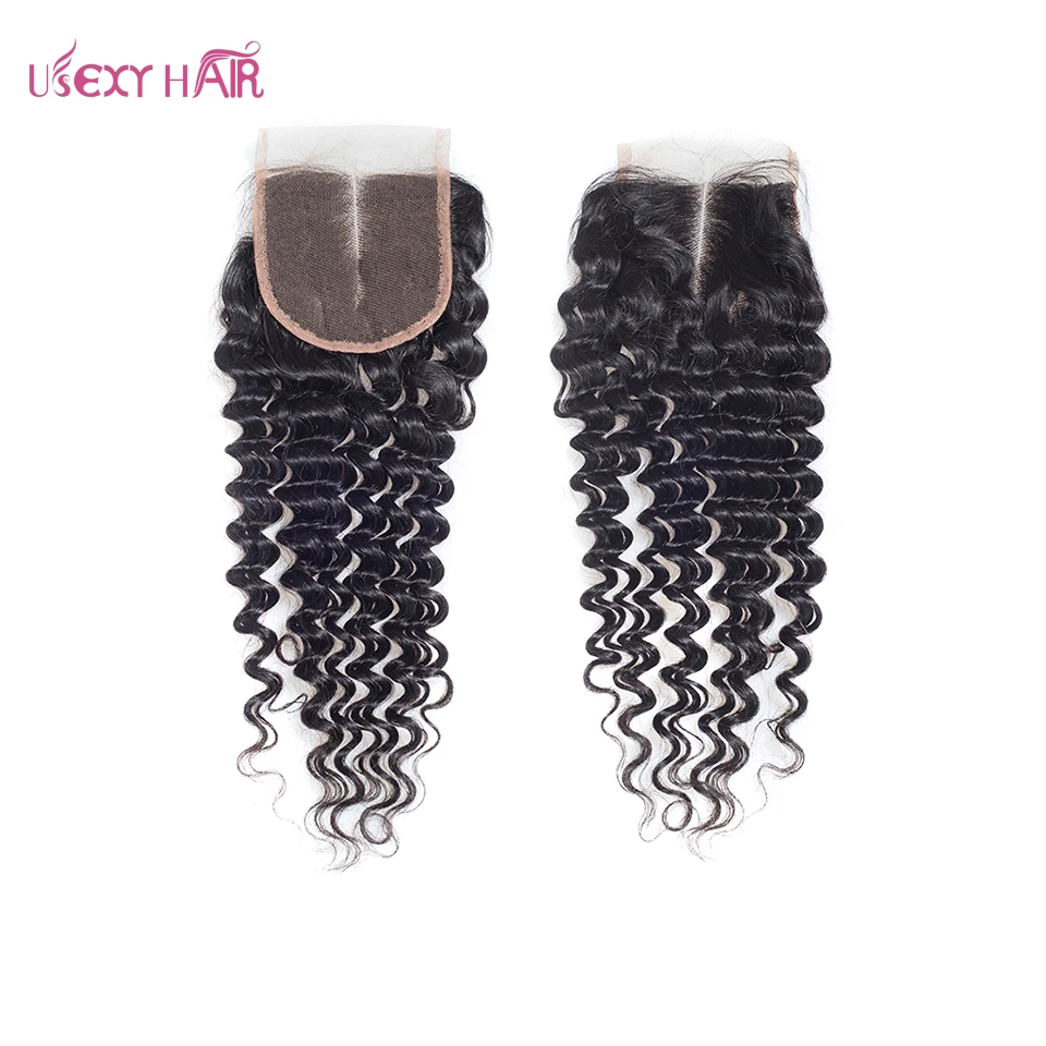 USEXY волосы курчавые переплетения человеческих волос Связки с кружевом Закрытие