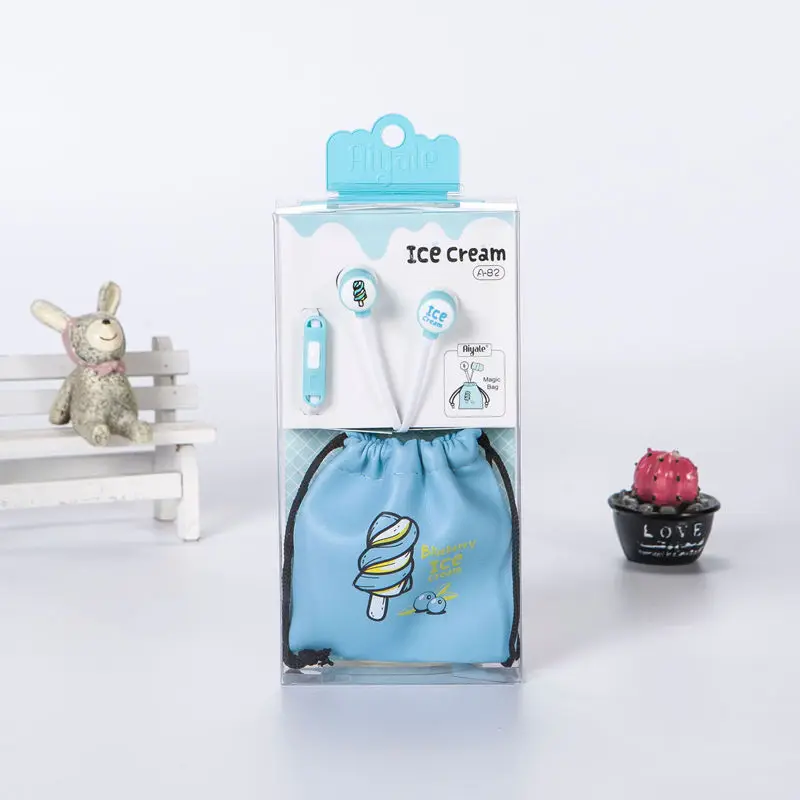 Blue With Package Милые Мультяшные наушники с мороженым, наушники-вкладыши 3,5 мм, сумка для хранения микрофона для мобильного телефона Xiaomi HuaWei, подарки для девочек - Цвет: Blue With Package