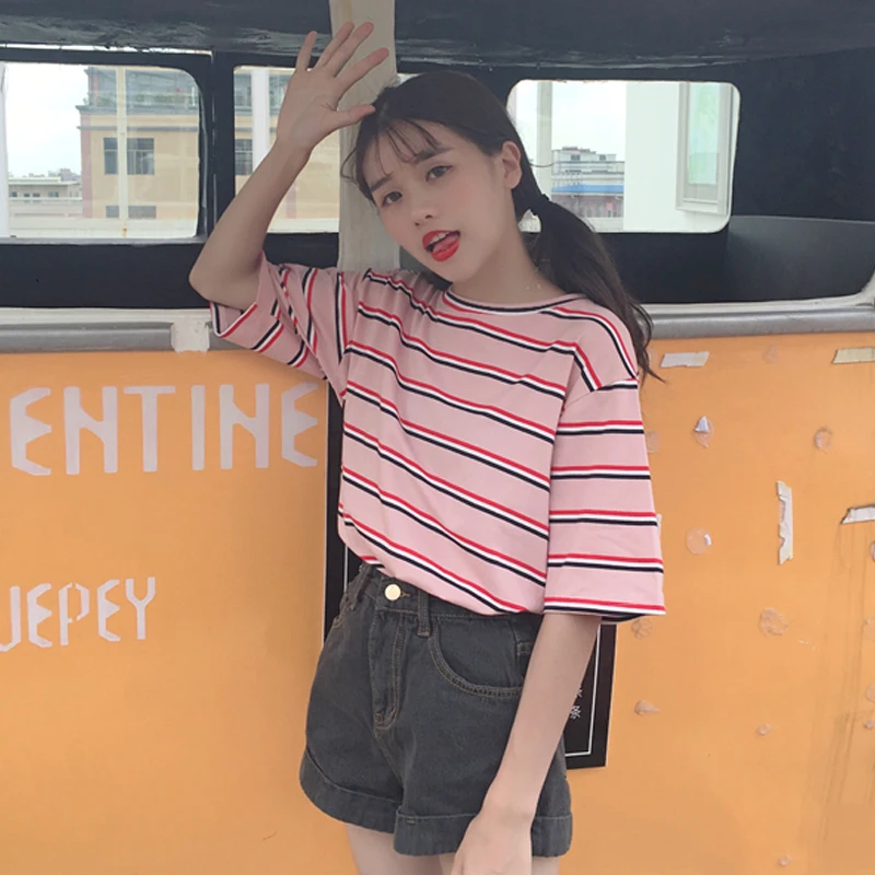 Женская футболка в полоску Повседневная Свободная с коротким рукавом Корейском