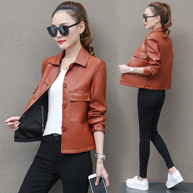 Новинка 2019 Демисезонные женские Куртки из искусственной кожи черный блейзер