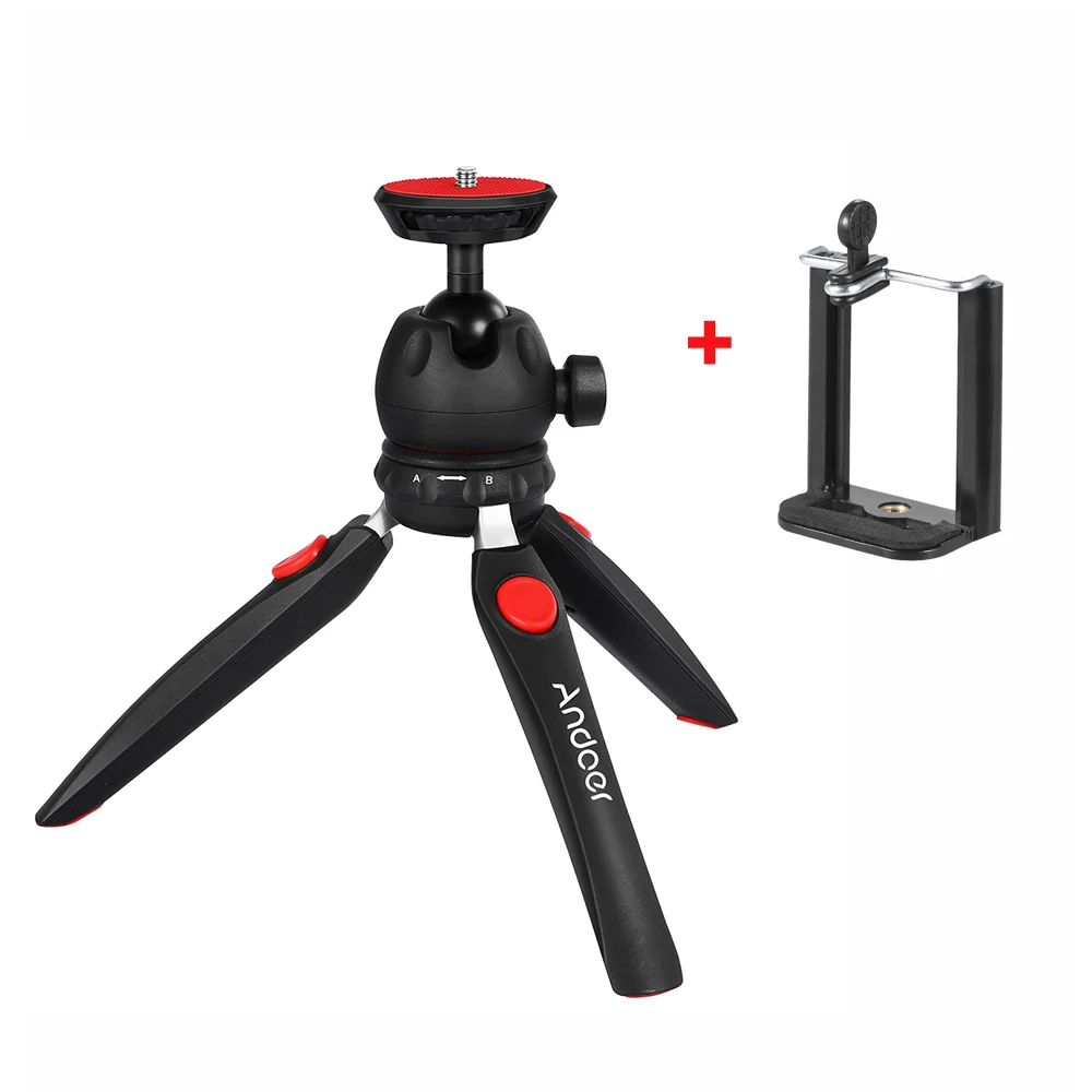 with Phone Clamp Andoer мини настольный штатив для телефона, фотокамеры портативный складной с 1/" крепежным винтом для DSLR/беззеркальных светодиодный светильник - Цвет: with Phone Clamp