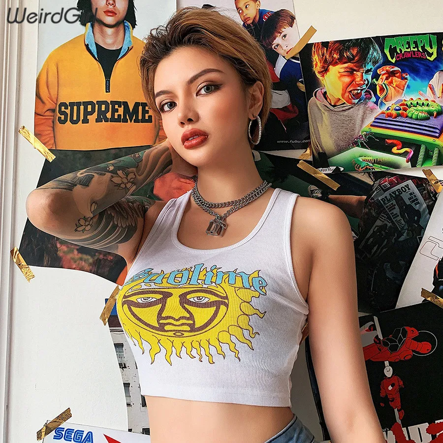 Weirdgirl с принтом Солнца Женские топы милый пикантный зауженный без рукавов короткий женский жилет укороченные топы Белый с открытыми плечами уличная Новинка