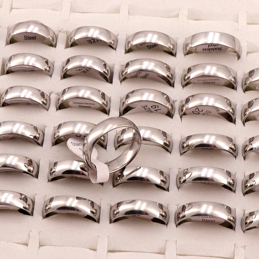 

Wholesale 50Pcs/lot 6mm Classic Fashion Stainless Steel Rings Wedding Lover Ring For Men Women Spherical Surface Polished inside