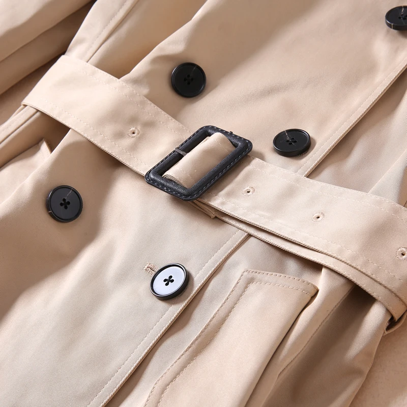 Женский двубортный плащ с поясом пальто отложным воротником и длинным рукавом в