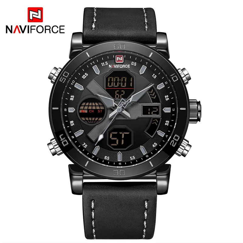 Black Grey Топ люксовый бренд мужские спортивные часы NAVIFORCE мужские модные кварцевые цифровые часы мужские кожаные военные водонепроницаемые наручные часы - Цвет: Black Grey