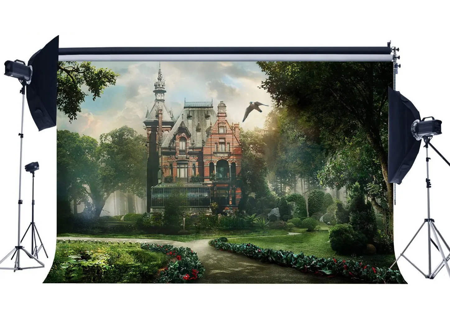 

Fairytale Castle Backdrop Gloomy palace Backdrops Jungle Forest Countyard Green Grass Meadow Fantasy Photography Background