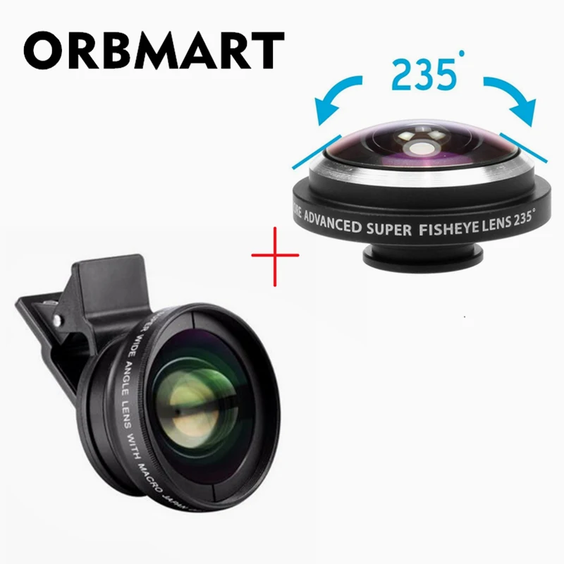 

ORBMART Clip Funny Camera Lens Kit 0.45x Super Wide Angle Lens + 12.5x Super Macro Lens + 235 Fish Eye Lens Mobile Phone Lense
