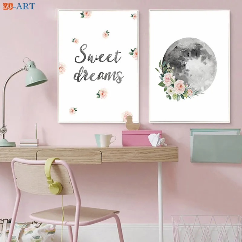 Постер на холсте с изображением Луны и цветов надписью Sweet Dreams|Рисование