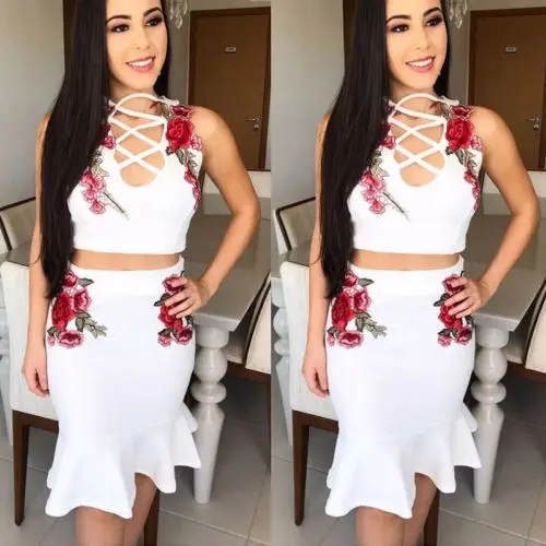 Fashion Womens Floral Bandage Sleeveless Crop Top and mermaid skirts Set Evening Party women's suit two piece set costume |