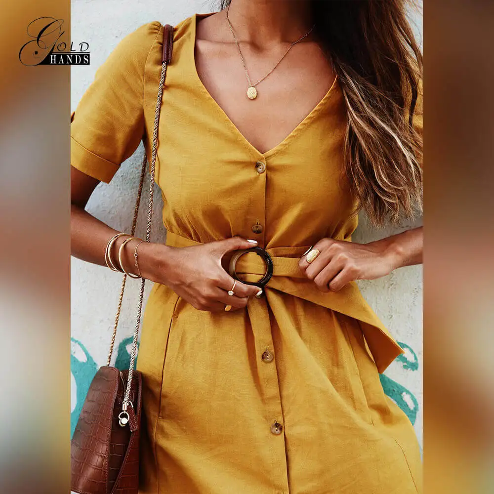 Женское пляжное платье на пуговицах золотистого цвета Повседневное миди с v