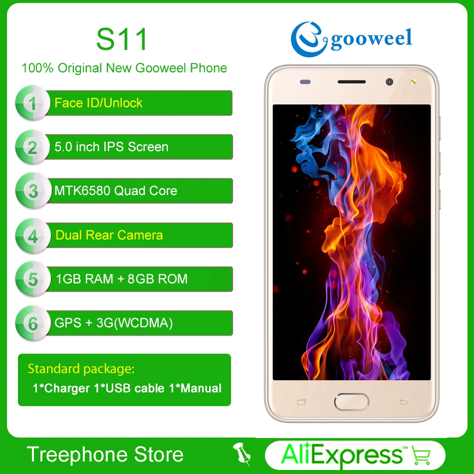Face ID Gooweel S11 смартфон MTK6580 четырехъядерный 5 0 дюймов Экран 5.0MP + 2.0MP Камера gps WI FI