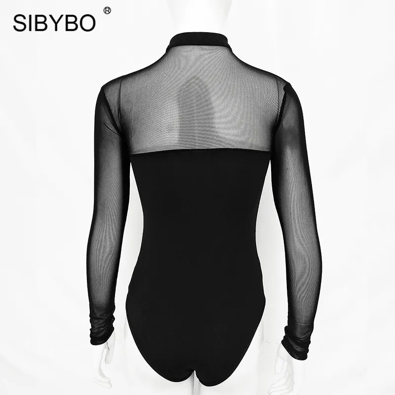 Sibybo, сетчатый прозрачный сексуальный боди с бретелькой через шею, женский комбинезон с длинным рукавом, на шнуровке, с вырезами, Облегающий комбинезон, женский комбинезон, черные боди