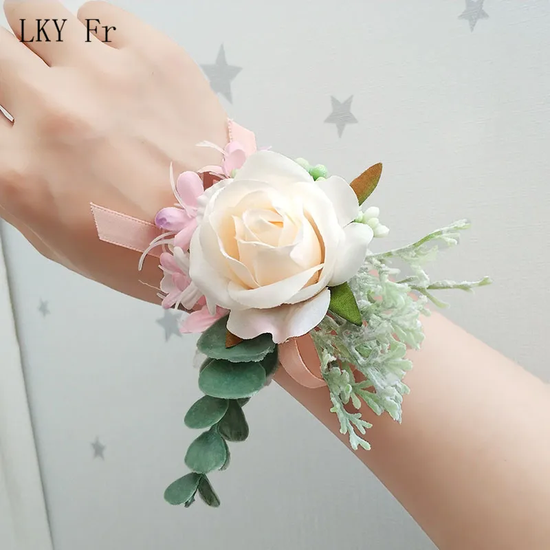 E Wrist Flower Искусственный бутоньерка жениха Бутоньерка Свадебный браслет из цветов подружки невесты белый розовый Шелковый цветок брошь свадебные булавки - Цвет: E Wrist Flower