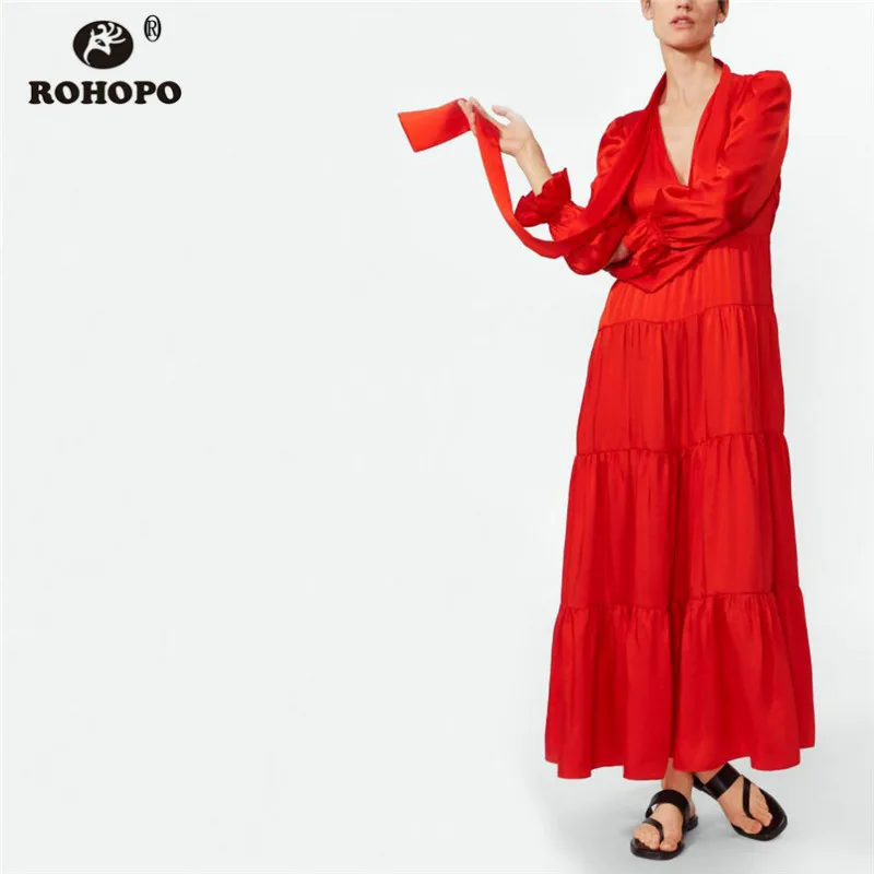 ROHOPO 4-слойное платье Макси-платье средней длины с бабочкой и длинными рукавами