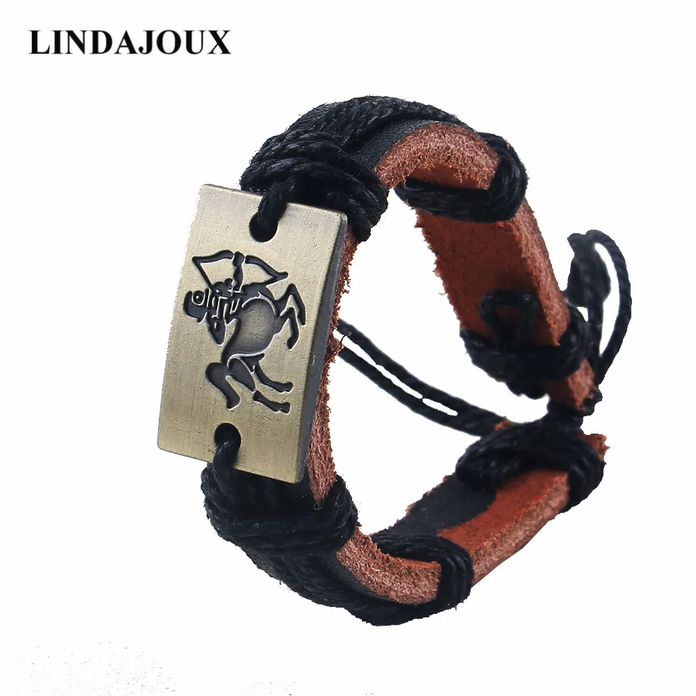 Мужской и женский браслет LINDAJOUX черный кожаный с 12 созвездия зодиака | Украшения