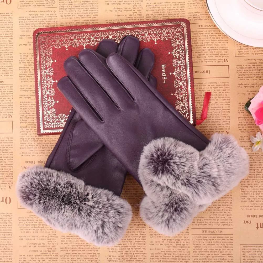 purple Kakaforsa женские из искусственной кожи Golves Femme элегантные однотонные варежки с помпонами зимние уличные высокое качество теплые полный палец перчатки - Цвет: purple