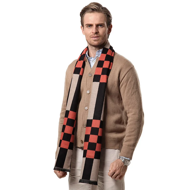 Мужской кашемировый шарф FS Мягкий клетчатый шерстяной в клетку черный красный