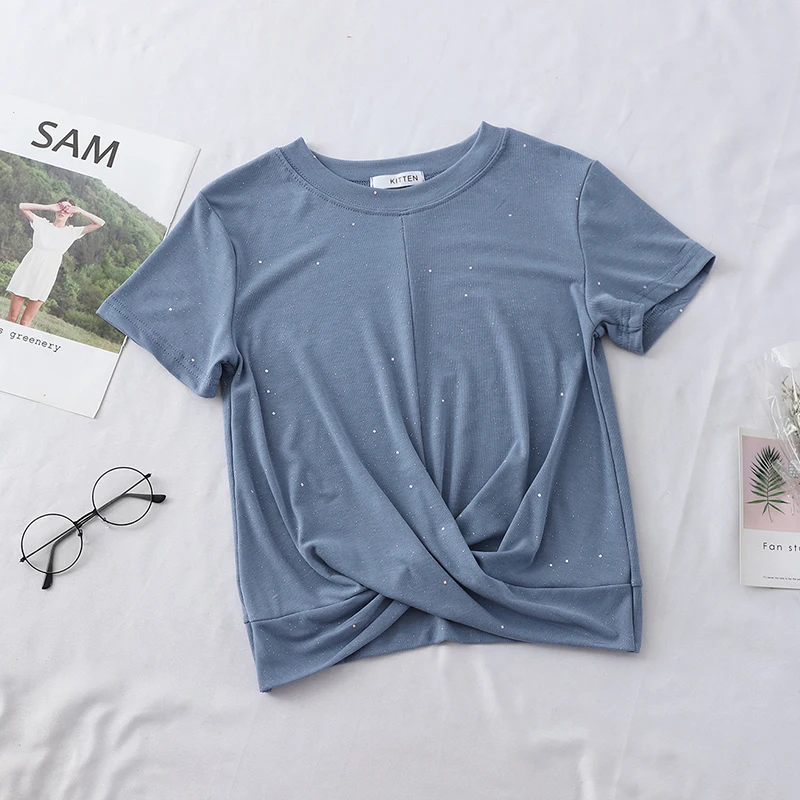 2019 Летняя Сексуальная футболка с перекрестным узлом и коротким рукавом женские