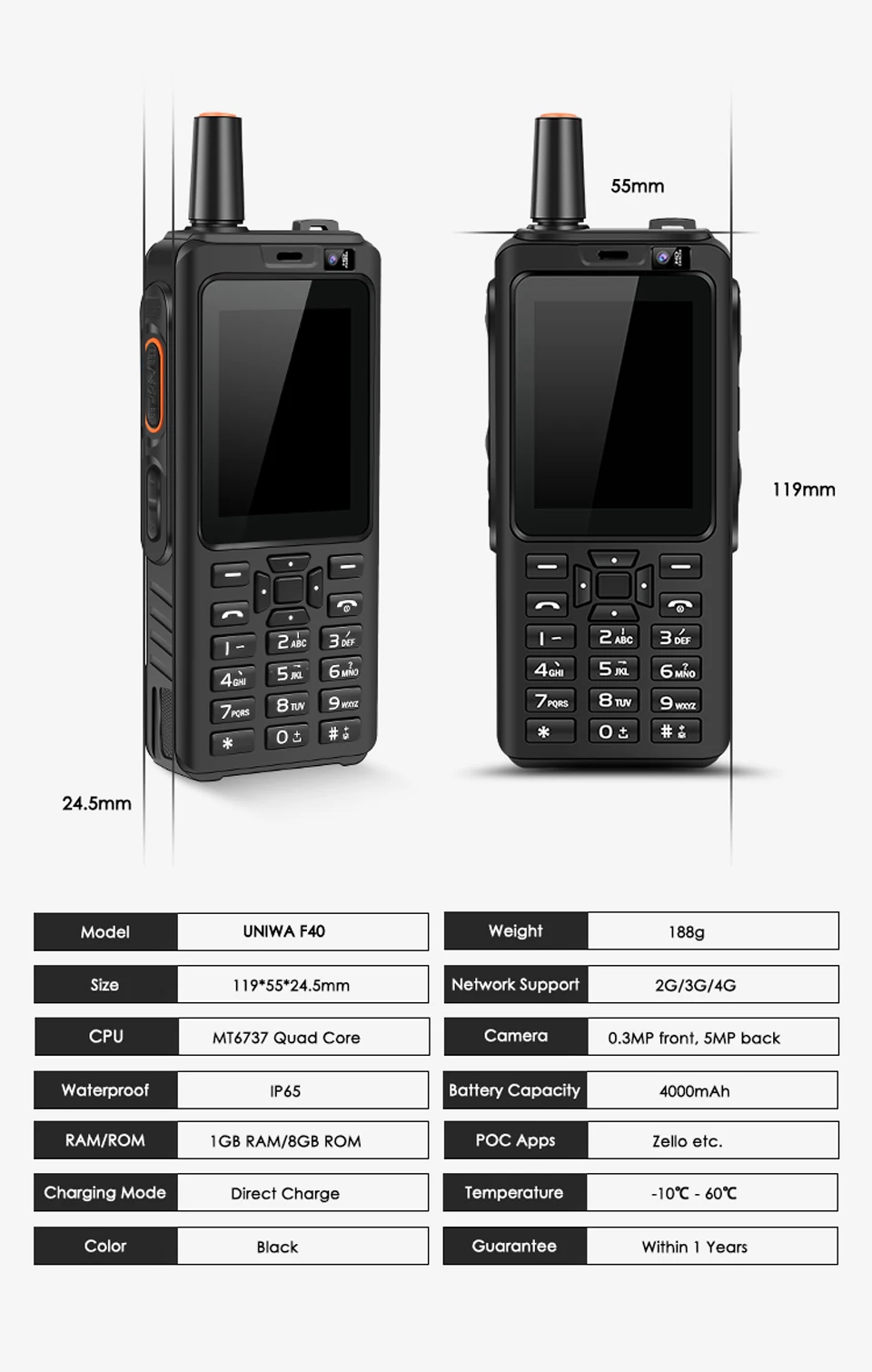 UNIWA F40 Zello рация 4G мобильный телефон IP65 Водонепроницаемый Прочный смартфон MTK6737M четырехъядерный Android