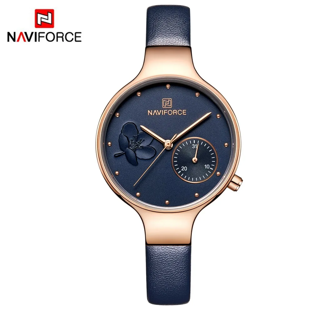 NAVIFORCE женские модные синие кварцевые часы Дамский кожаный ремешок для часов