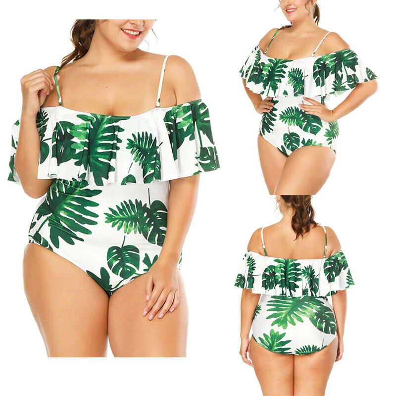 Plus Size Women One Piece Monokini Padded Bikini Floral Print Ruffle Swimwear Beach Off Shoulder Swimsuit Bathing | Спорт и