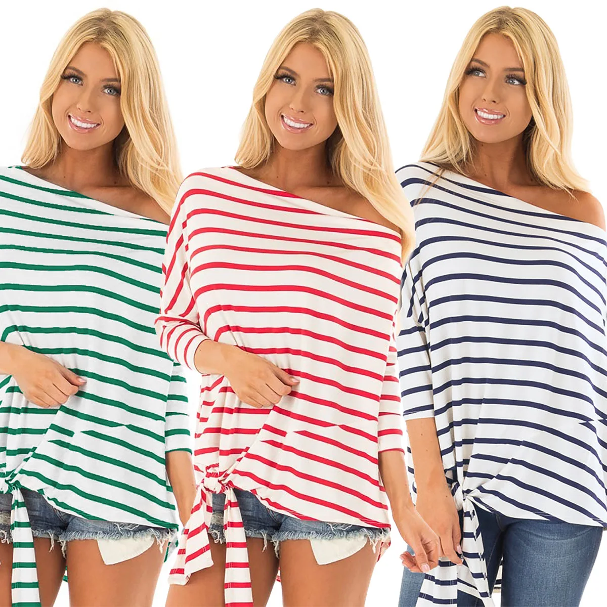 2018 новые осенние Для женщин взрыв Стиль полоса плечо Бат рукава Свободные