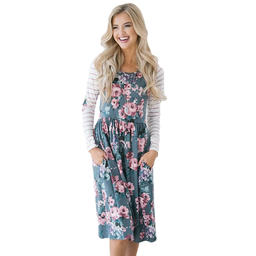 Весеннее Осеннее и зимнее Новое Женское платье в полоску с круглым вырезом