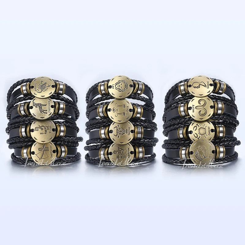 Men's 12 Zodiac Sign Horoscope Leather Bracelet 2018 Vintage Retro Charm Male Bracelets Wholesale Jewelry Gifts For Men HLBM136A |