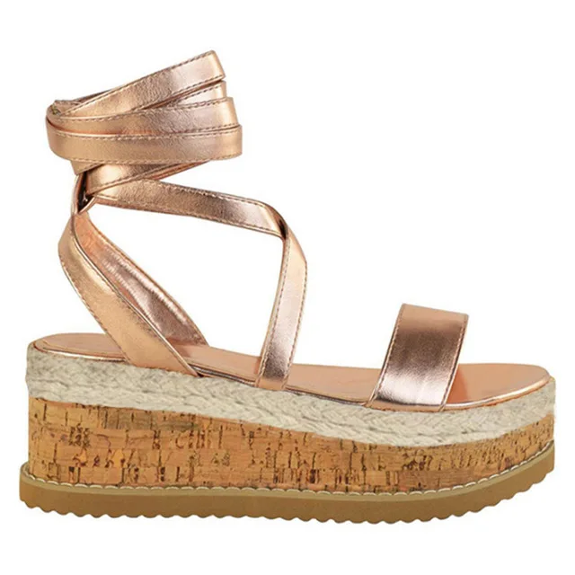 Gold Sandals Teahoo/летние женские босоножки на платформе с ремешком на щиколотке; Эспадрильи на танкетке с открытым носком; женские босоножки; сандалии-гладиаторы на шнуровке; большой размер 43 - Цвет: Gold Sandals