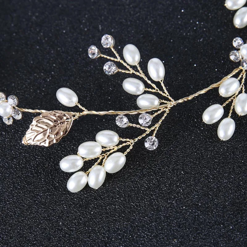Свадебная заколка для волос FORSEVEN Золотистая с листьями жемчугом и цветами стразы